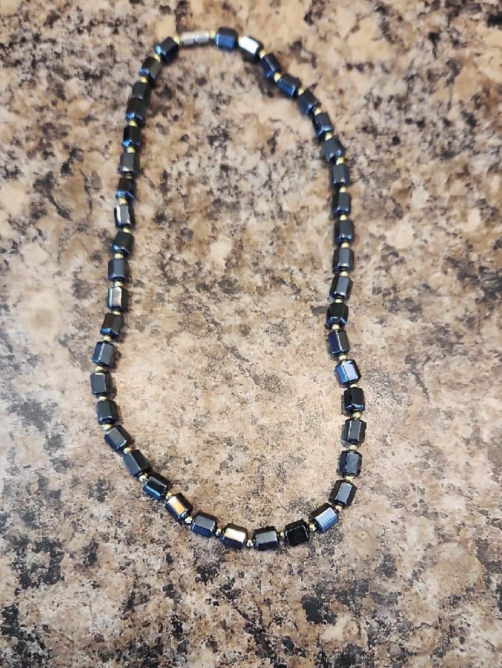 Real Hematite Cube Bead Necklace with Gold-tone Beaded Accents 9 Inches